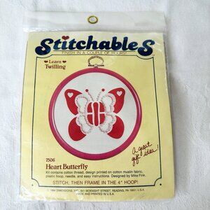 1984 NEW Stitchables Twilling Stitch Kit Heart Butterfly Thread Fabric 4" Hoop